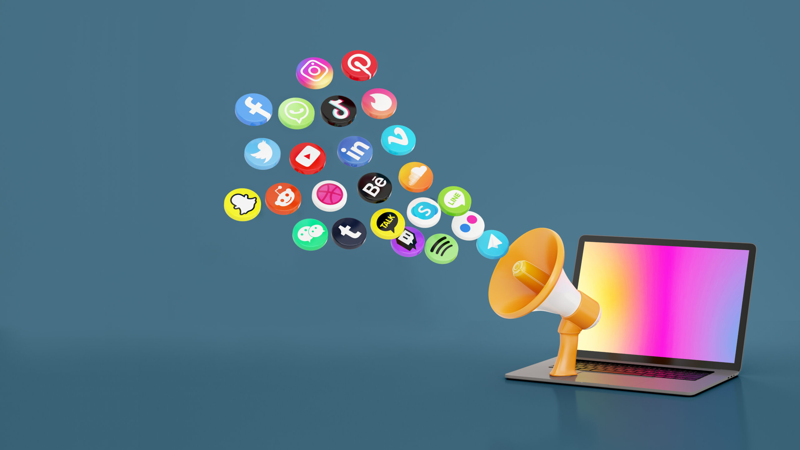 Social media marketing. Digital marketing 3d icons, Megaphone, and laptop with a Greyish Blue Color background